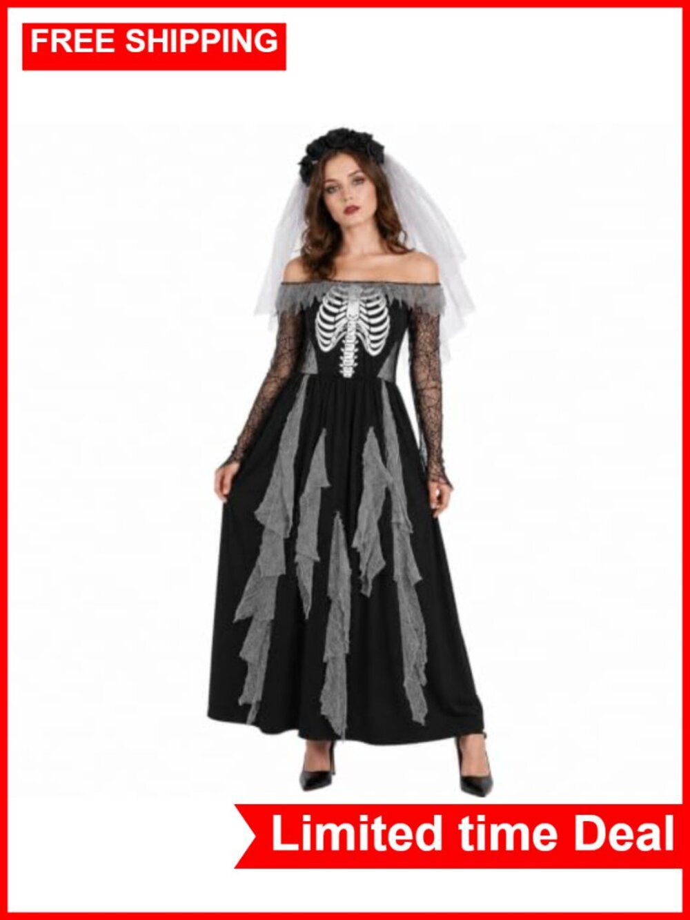 Zombie Bride Costume Skeleton Wedding Dress Halloween Cosplay Outfit Set